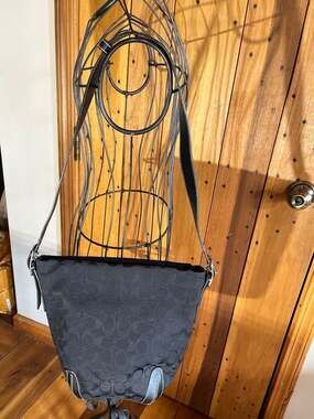 Coach Signature Jacquard Black Leather Trim Duffle Shoulder Bag 6076